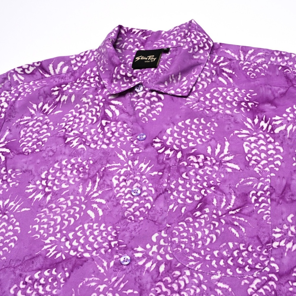 Stan Ray Batik Pineapples Mens Shirt Vacation Resort Hawaiian Button Up Purple M
